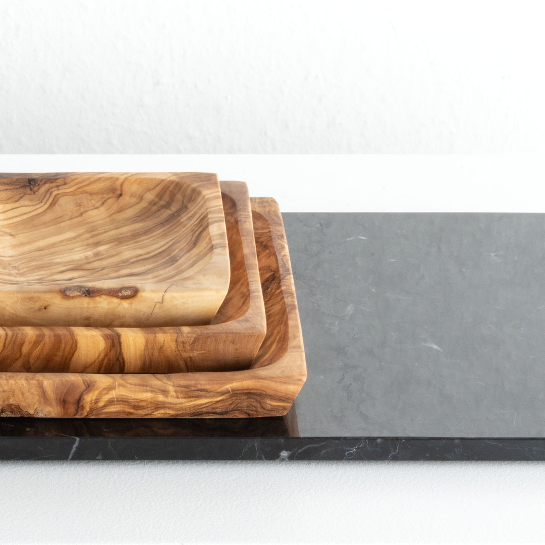 Handgefertigtes Olivenholz-Tellerset – quadratisch (3-teilig)
