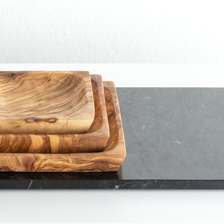 Handgefertigtes Olivenholz-Tellerset – quadratisch (3-teilig)
