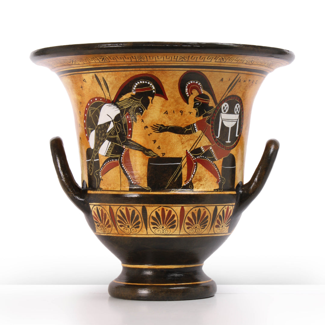 Antiker griechischer schwarzfiguriger Krater mit Achilles und Ajax beim Spiel