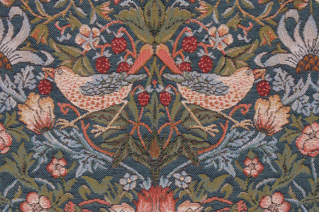 Grüner Gobelin Wandteppich – Vögel essen Erdbeeren (Jacquard gewebt)