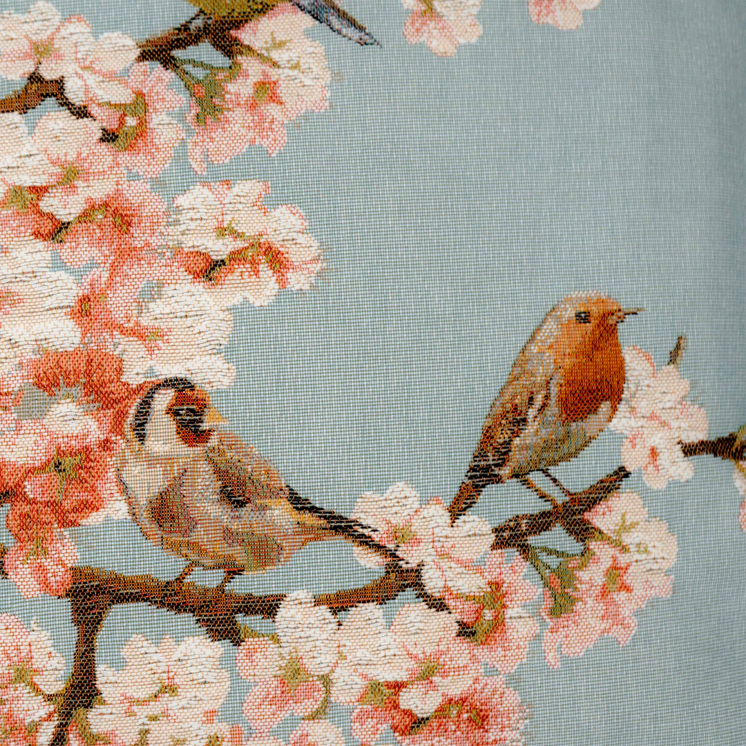 Blauer Kissenbezug mit Vögeln & Kirschblüte (Jacquard gewebt)