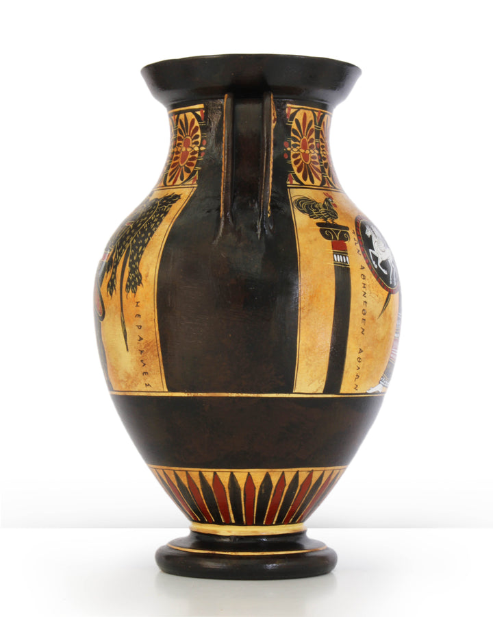 Antike griechische schwarzfigurige Bauchamphore mit Athena und Herakles