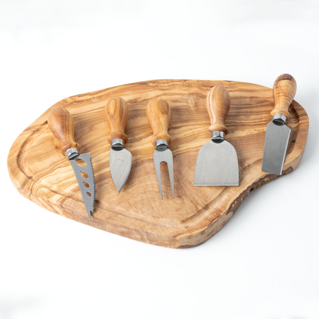 Handgefertigtes Olivenholz- und Metall-Käsemesserset (5-teilig)