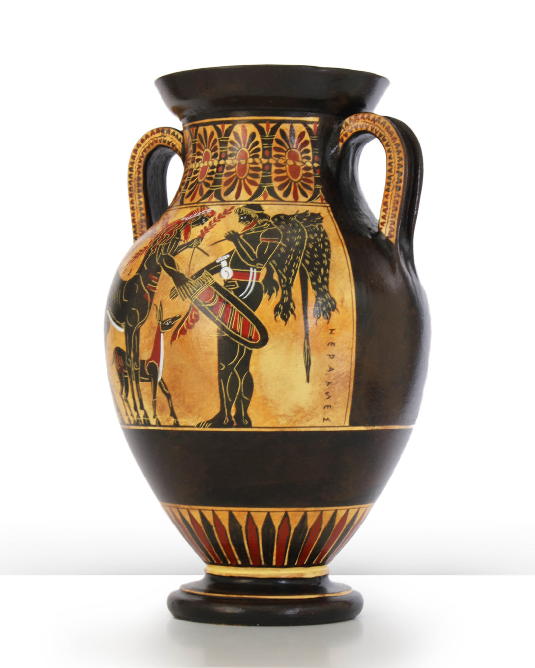 Antike griechische schwarzfigurige Bauchamphore mit Athena und Herakles