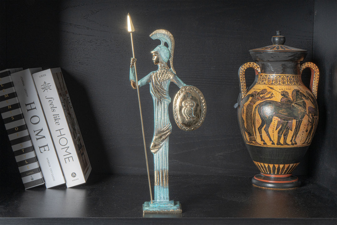 Athene – mit Speer und Schild (Messing Skulptur)
