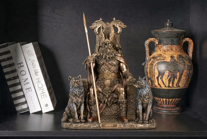 Odin auf seinem Thron Statue — Allvater der nordischen Götter (Kaltgussbronze-Skulptur)