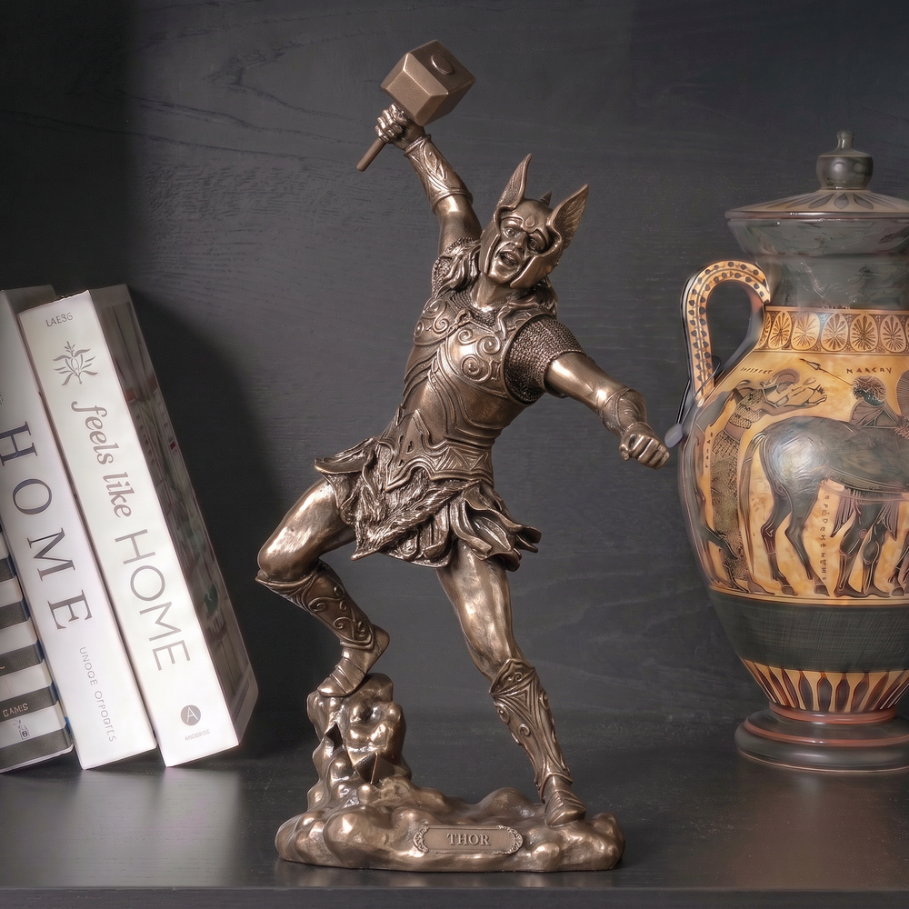 Thor Statue — Nordischer Donnergott mit Mjölnir (Kaltgussbronze-Skulptur)