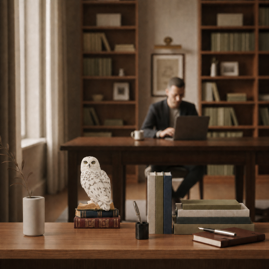 Schneeeule auf einem Bücherstapel (Kunstharz-Statue)