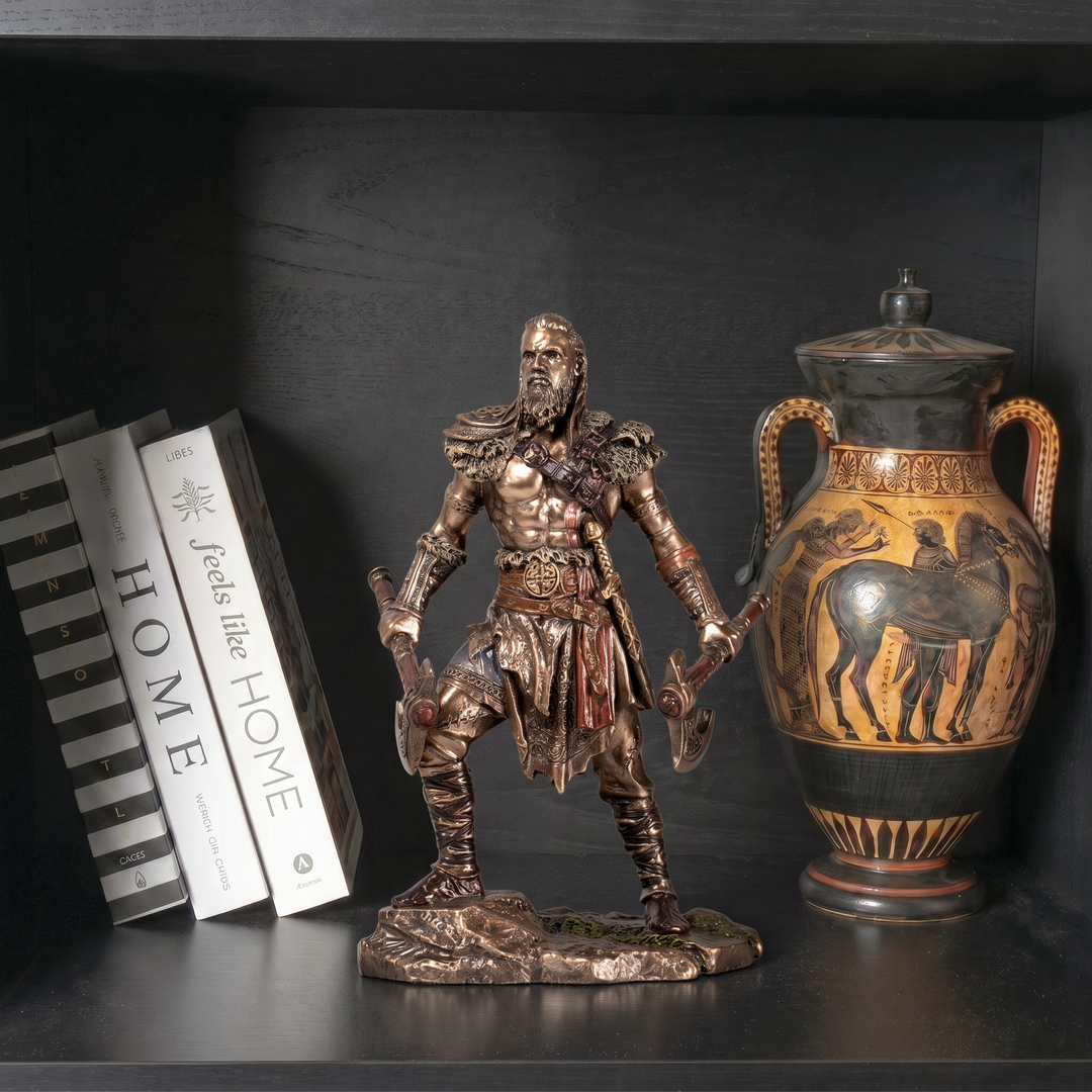 Wikinger-Krieger Statue mit zwei Äxten (Kaltgussbronze-Skulptur)
