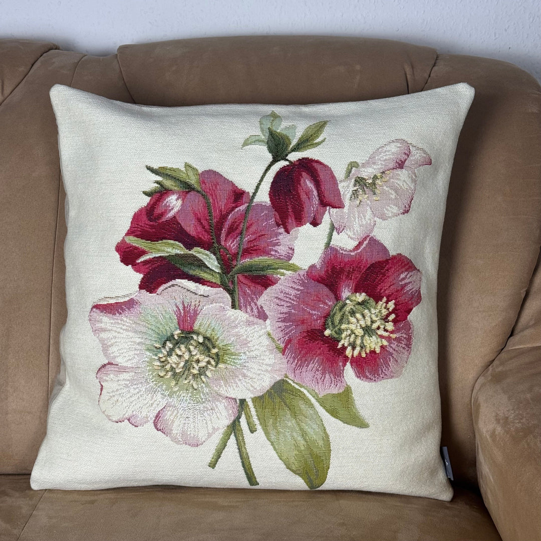 Weißer Kissenbezug mit roten Blumen – Christrose (Jacquard gewebt)