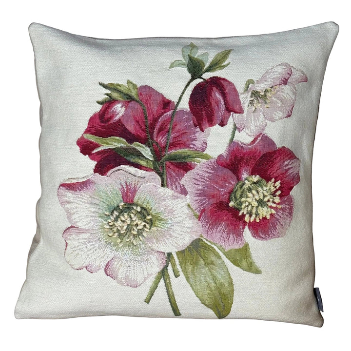 Weißer Kissenbezug mit roten Blumen – Christrose (Jacquard gewebt)