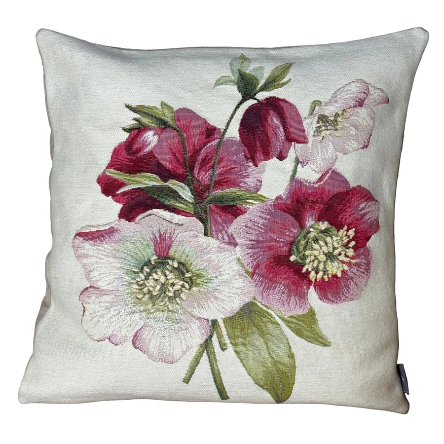 Weißer Kissenbezug mit roten Blumen – Christrose (Jacquard gewebt)