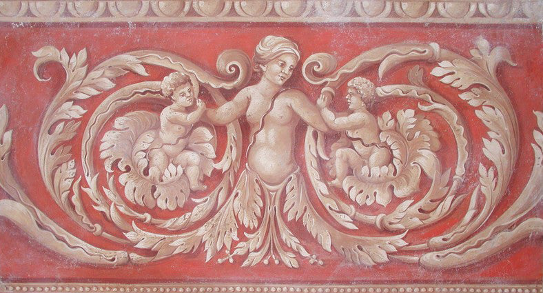 Ornamentales Fries auf rotem Hintergrund Fresko Gemälde