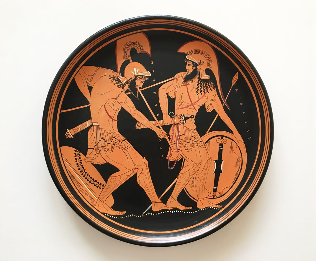 Griechischer rotfiguriger Teller mit Achilles und Patroklos