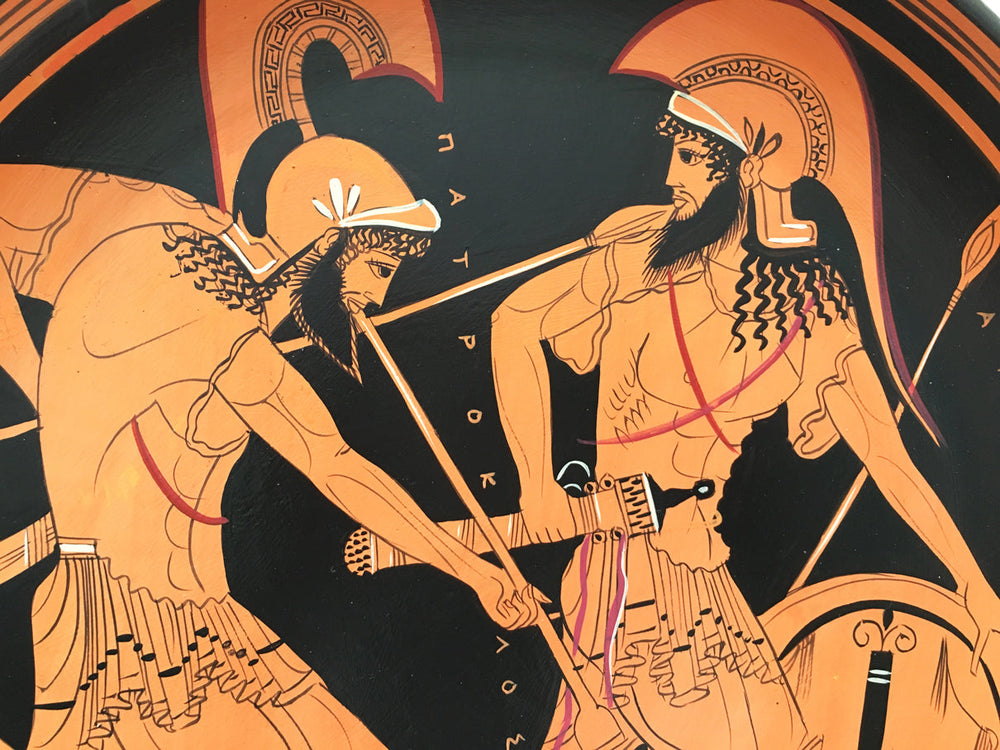 Griechischer rotfiguriger Teller mit Achilles und Patroklos