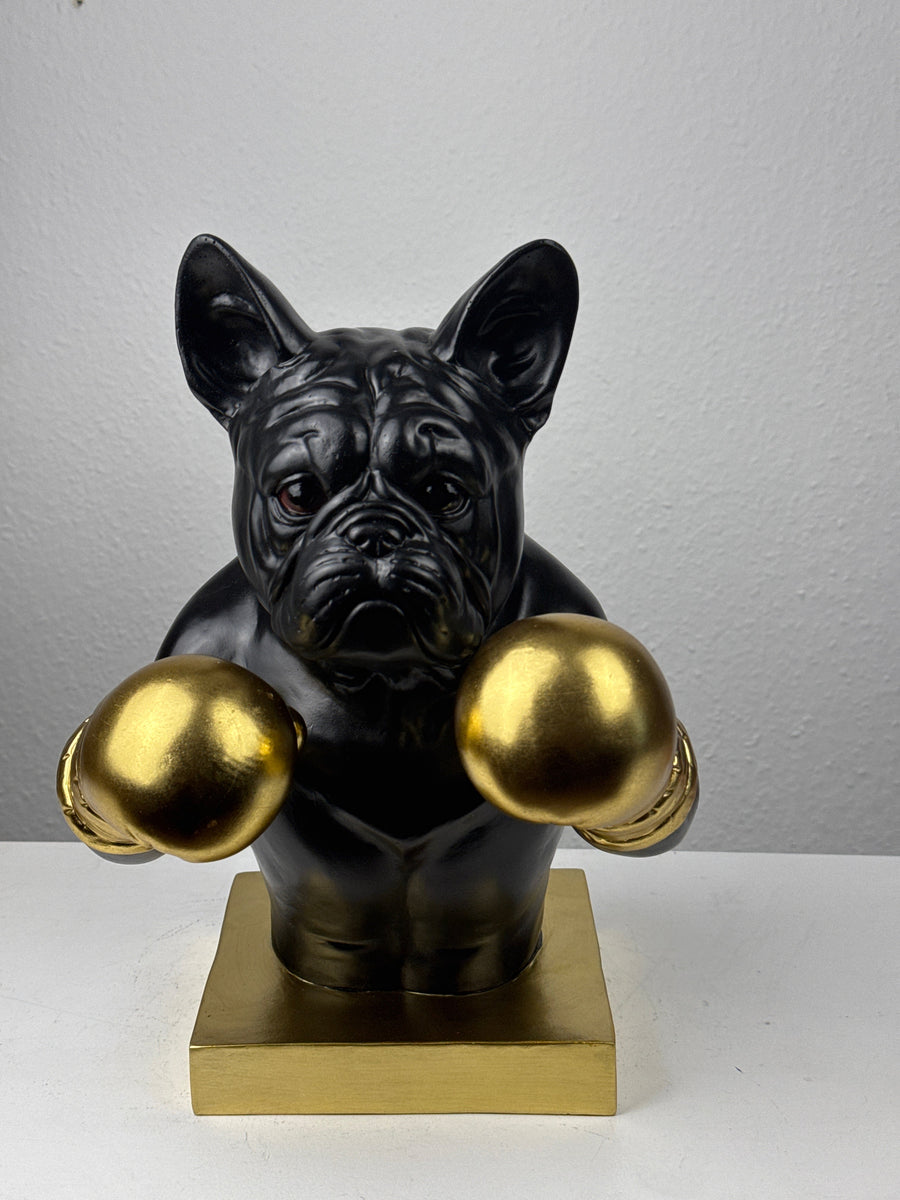 Boxender Bulldogge Statue (Schwarz & Gold Pop Art Skulptur)