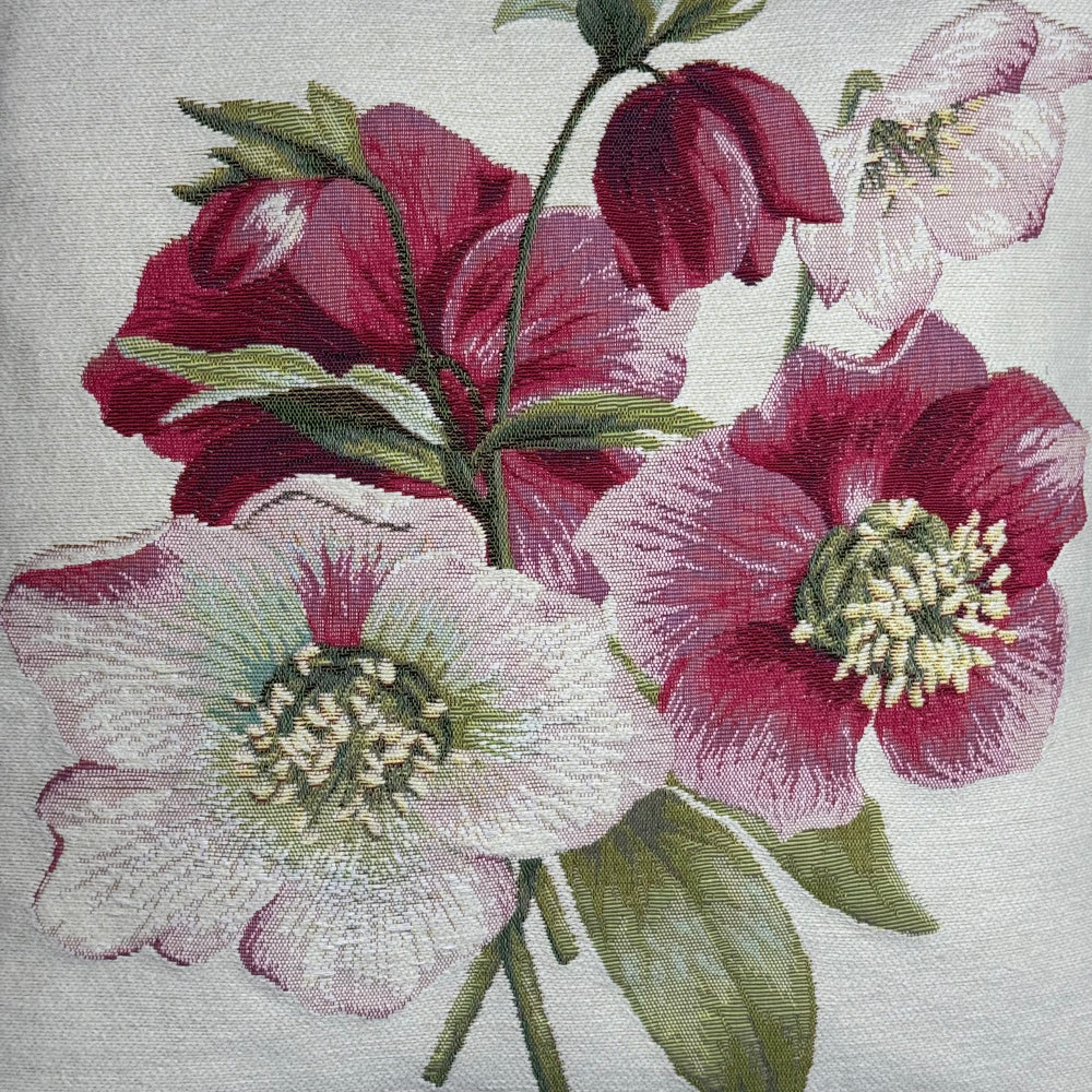 Weißer Kissenbezug mit roten Blumen – Christrose (Jacquard gewebt)