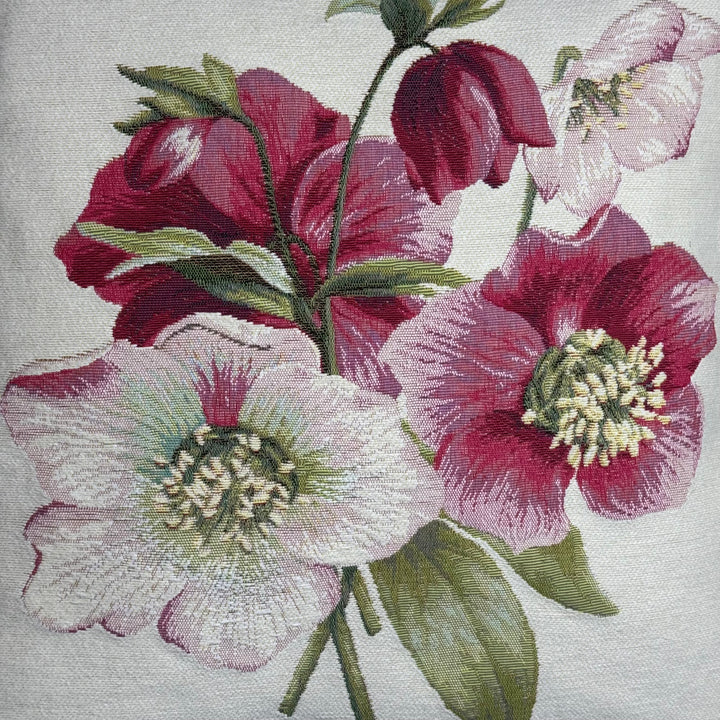 Weißer Kissenbezug mit roten Blumen – Christrose (Jacquard gewebt)