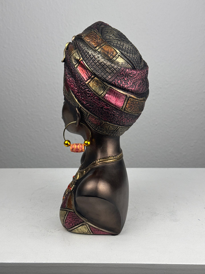 Afrikanische Königin Büste mit Kopfschmuck (Bronzefinish Skulptur)