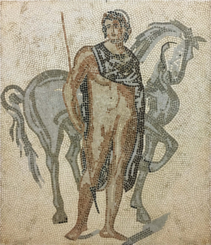 Dioskuren – Castor mit Pferd aus dem Triumph des Bacchus Marmor-Mosaik