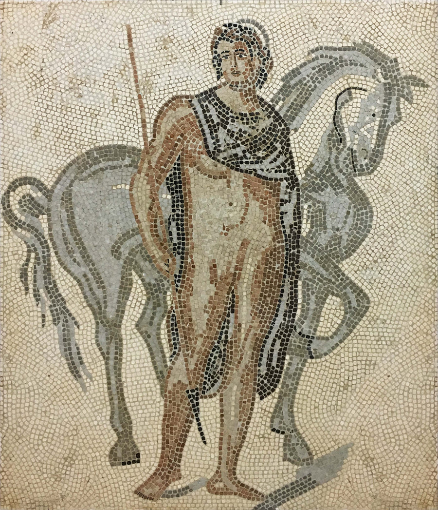 Dioskuren – Castor mit Pferd aus dem Triumph des Bacchus Marmor-Mosaik