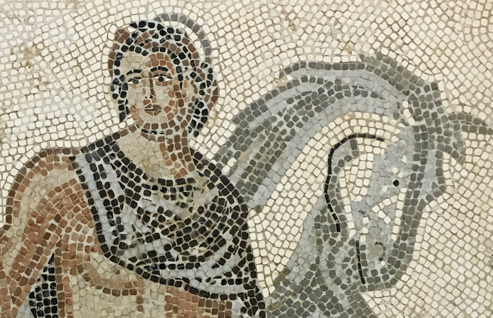 Dioskuren – Castor mit Pferd aus dem Triumph des Bacchus Marmor-Mosaik
