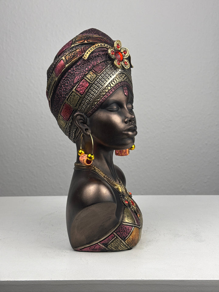 Afrikanische Königin Büste mit Kopfschmuck (Bronzefinish Skulptur)