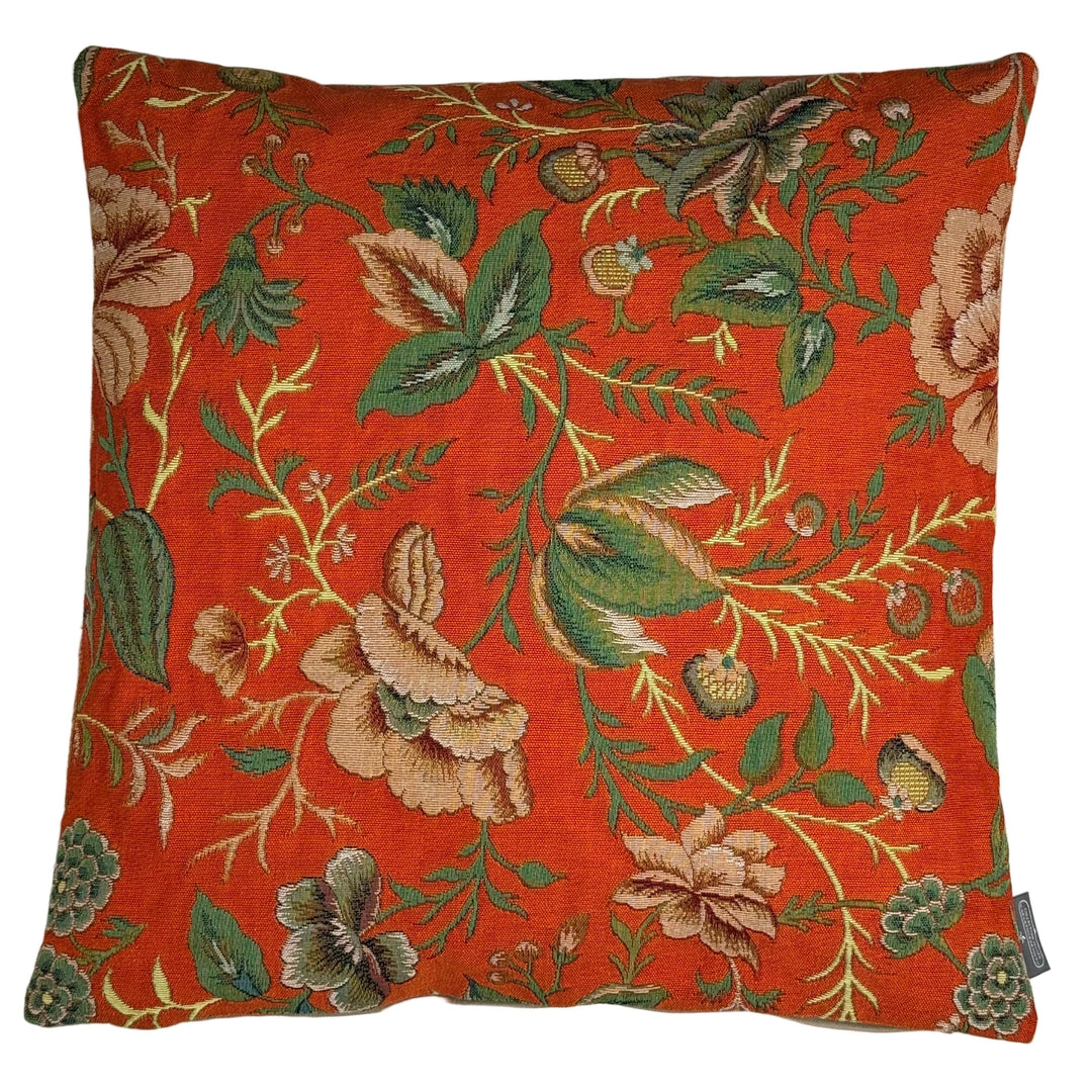 Oranger Kissenbezug mit Pfingstrosenmotiv – Botanisches Design aus dem Toile-de-Jouy-Museum (Jacquard gewebt)