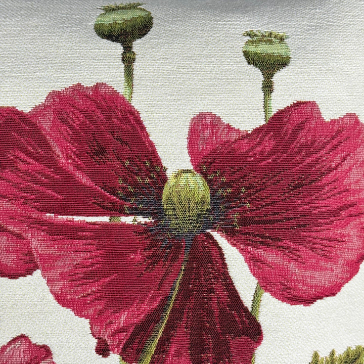 Weißer Kissenbezug mit roten Blumen – Mohnblumen (Jacquard gewebt)