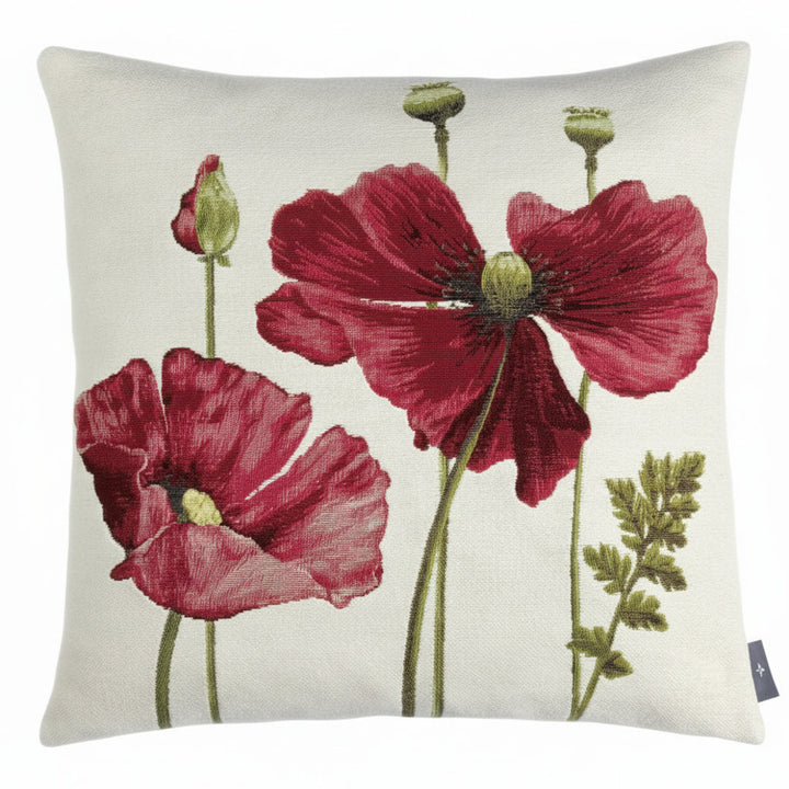 Weißer Kissenbezug mit roten Blumen – Mohnblumen (Jacquard gewebt)