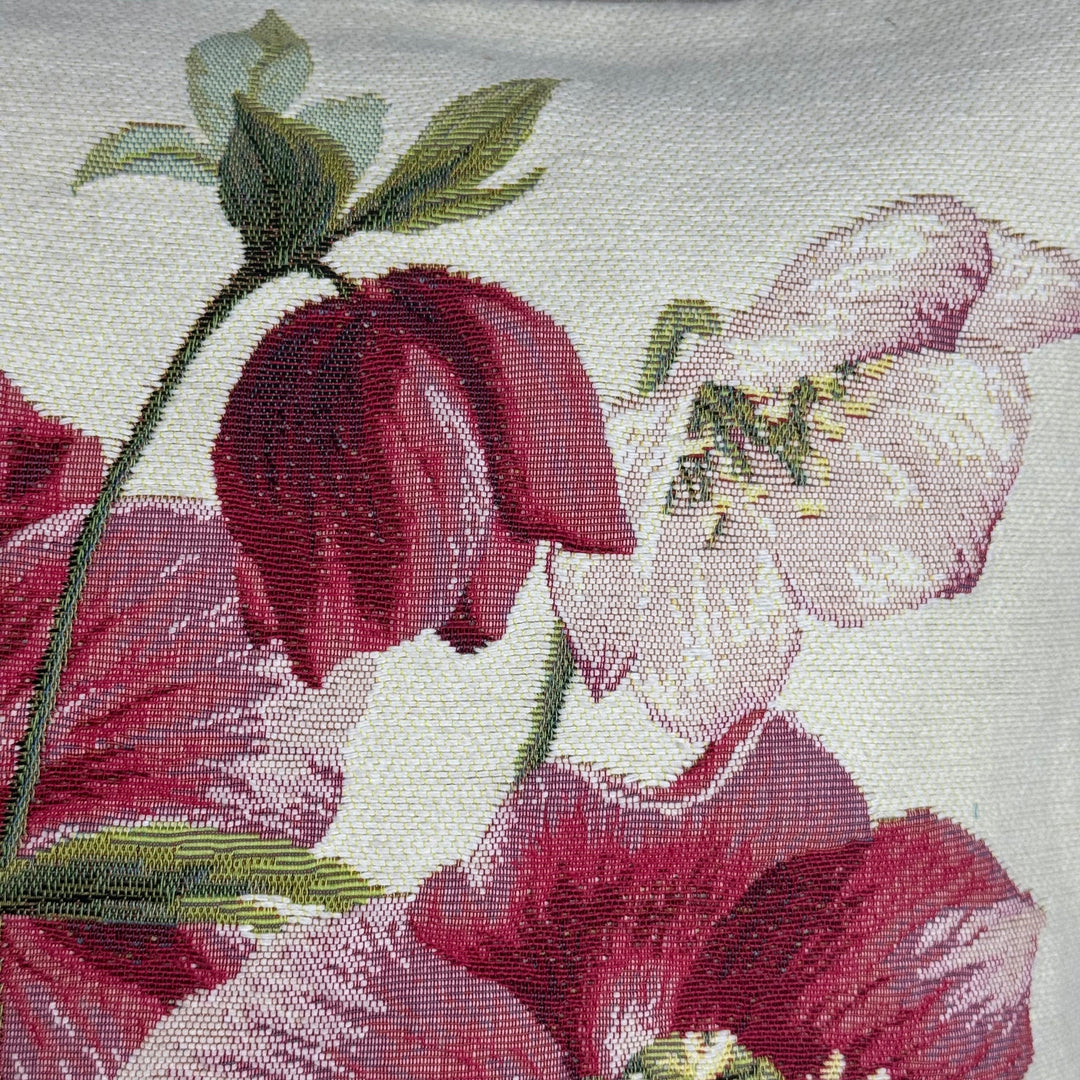 Weißer Kissenbezug mit roten Blumen – Christrose (Jacquard gewebt)