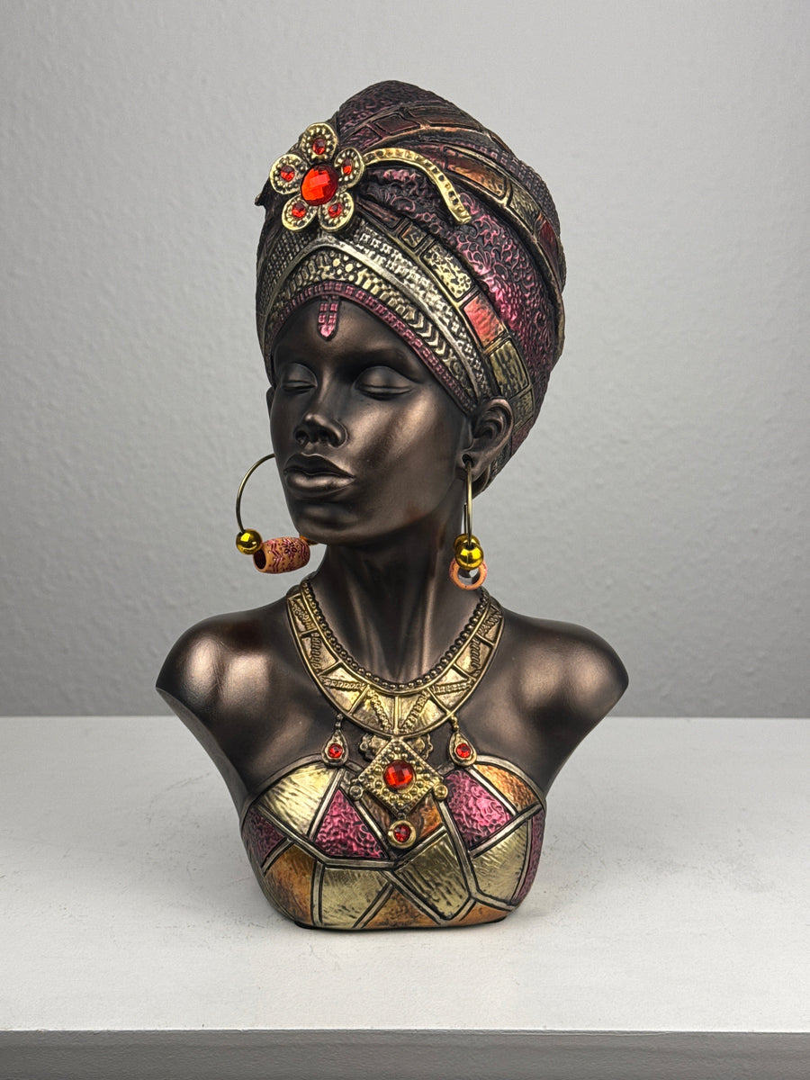 Afrikanische Königin Büste mit Kopfschmuck (Bronzefinish Skulptur)