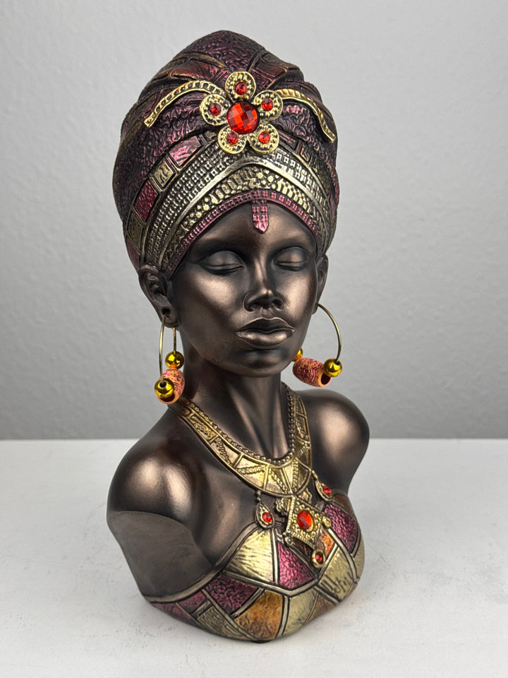 Afrikanische Königin Büste mit Kopfschmuck (Bronzefinish Skulptur)