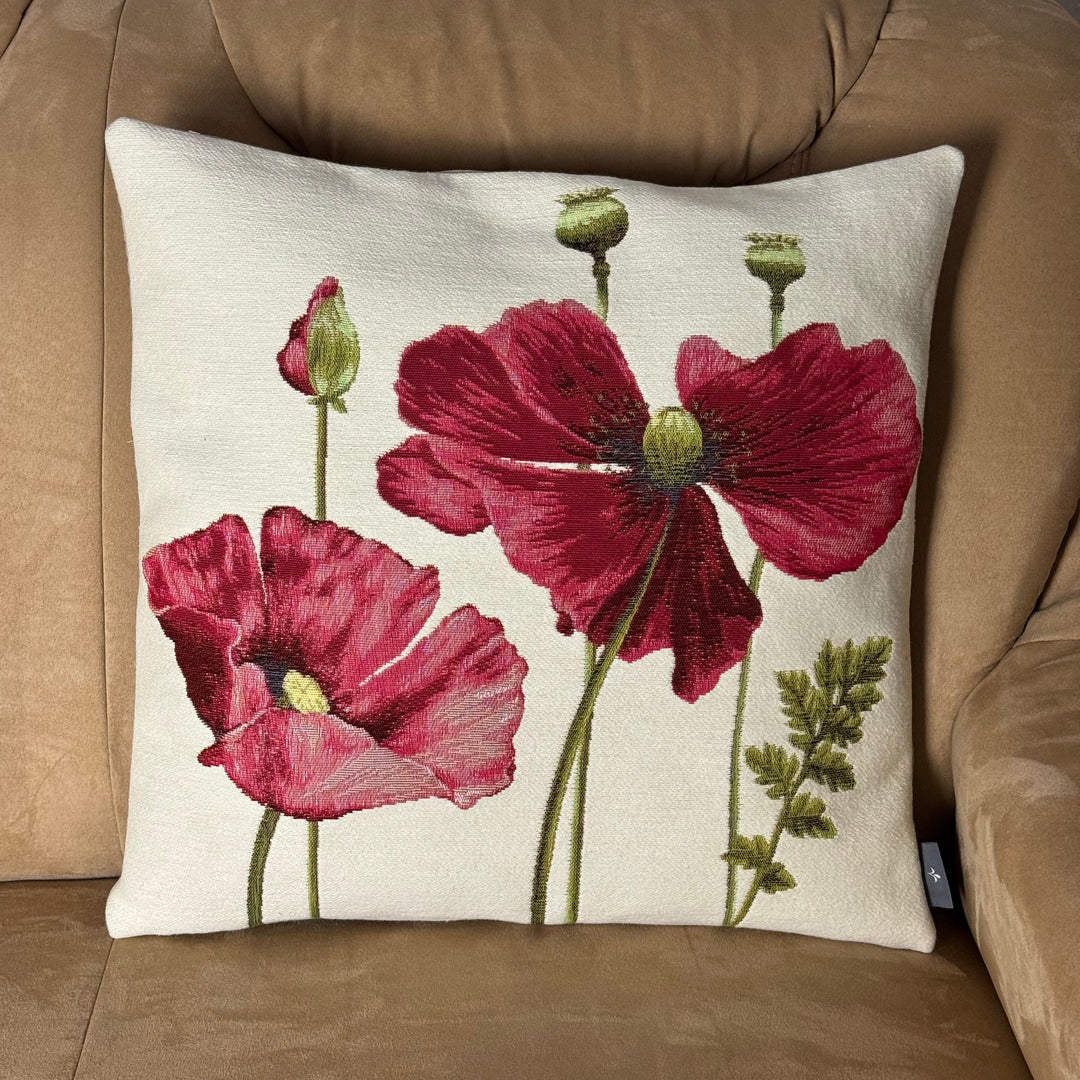 Weißer Kissenbezug mit roten Blumen – Mohnblumen (Jacquard gewebt)