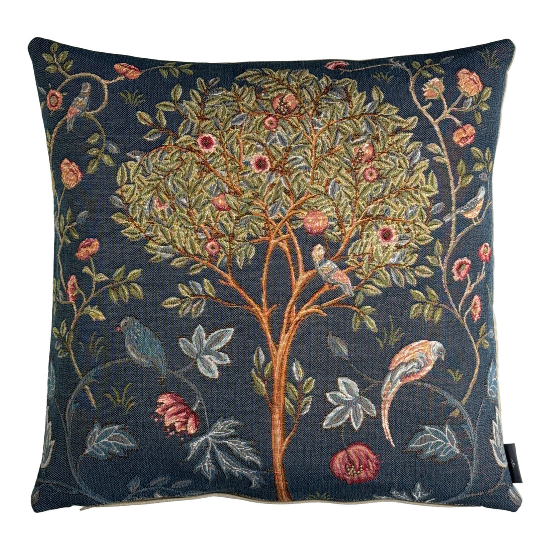 Blauer Kissenbezug – Baum mit Vögeln (Jacquard gewebt)