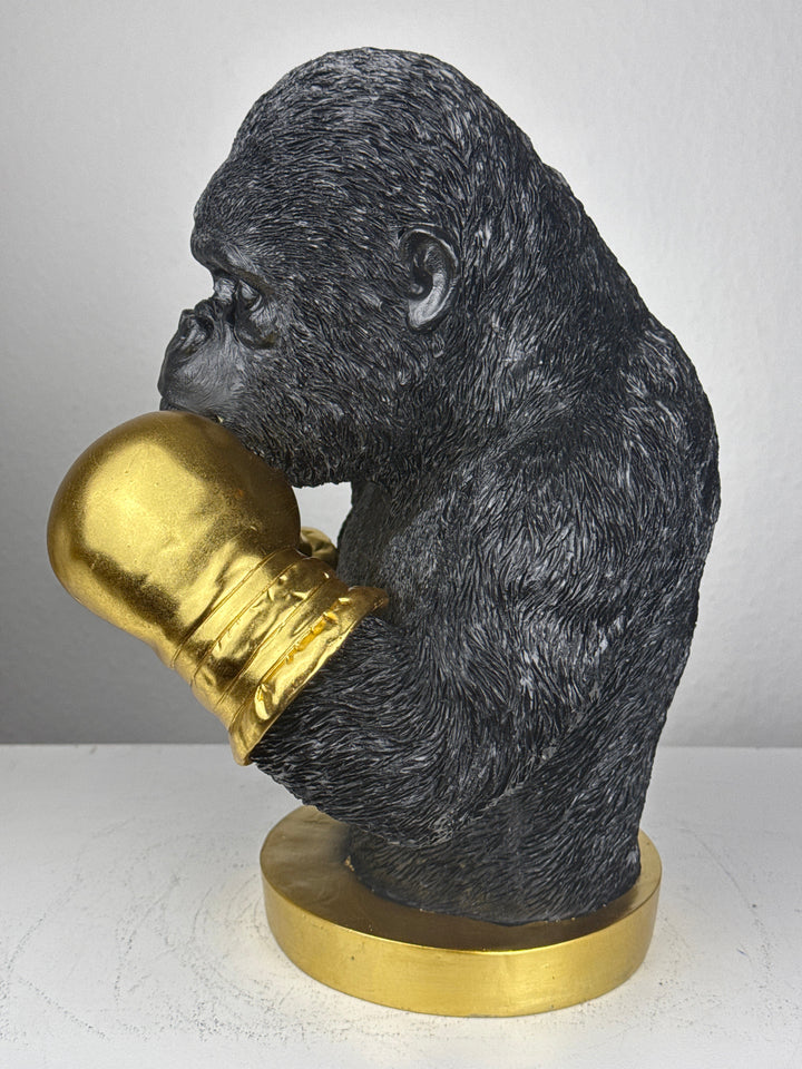 Boxender Gorilla Statue (Schwarz & Gold Pop Art Skulptur)