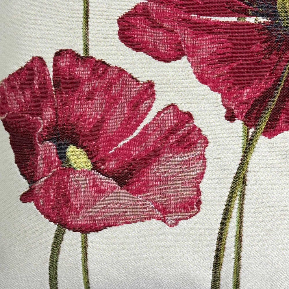 Weißer Kissenbezug mit roten Blumen – Mohnblumen (Jacquard gewebt)
