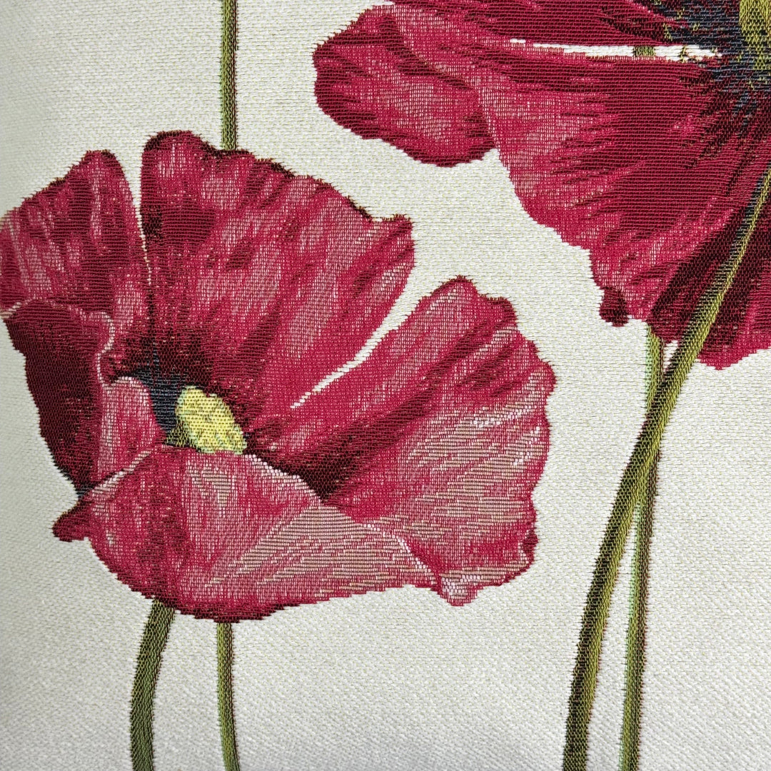 Weißer Kissenbezug mit roten Blumen – Mohnblumen (Jacquard gewebt)