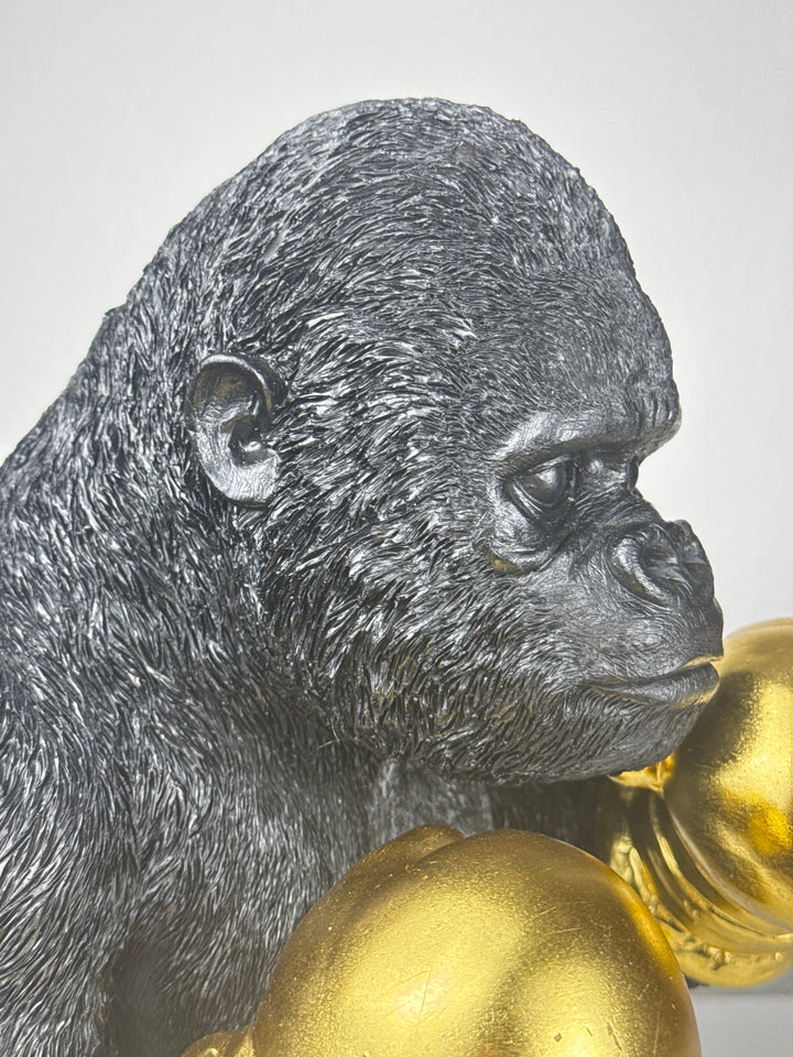 Boxender Gorilla Statue (Schwarz & Gold Pop Art Skulptur)