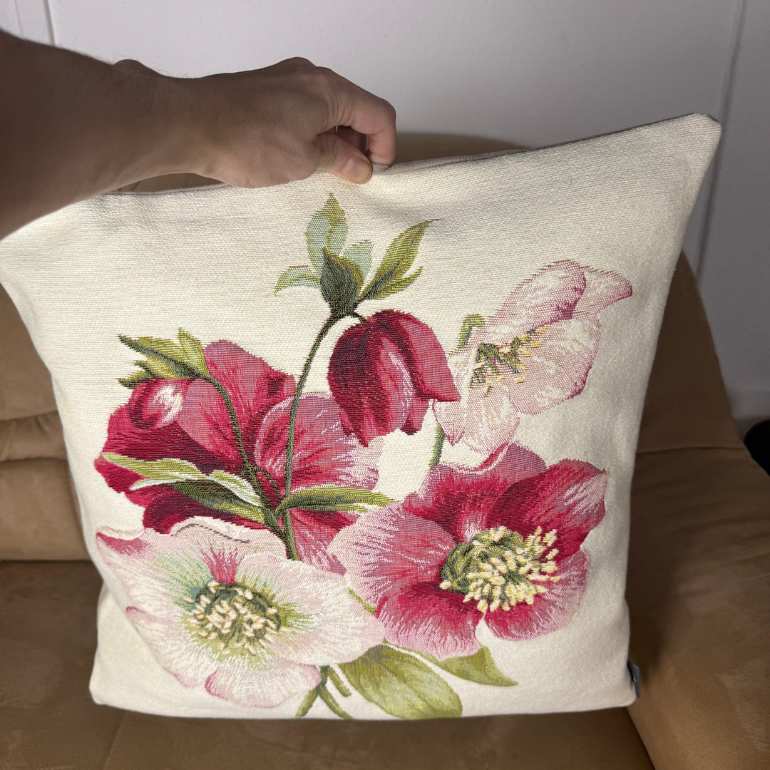 Weißer Kissenbezug mit roten Blumen – Christrose (Jacquard gewebt)
