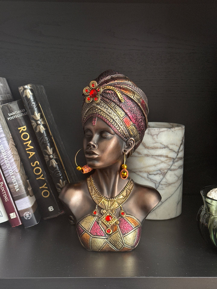 Afrikanische Königin Büste mit Kopfschmuck (Bronzefinish Skulptur)