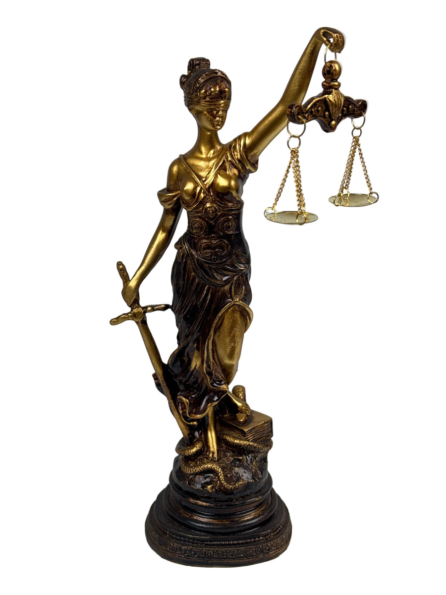 Justitia Skulptur – Symbol für Recht und Gerechtigkeit (Klein, Patinierte Bronzefigur)