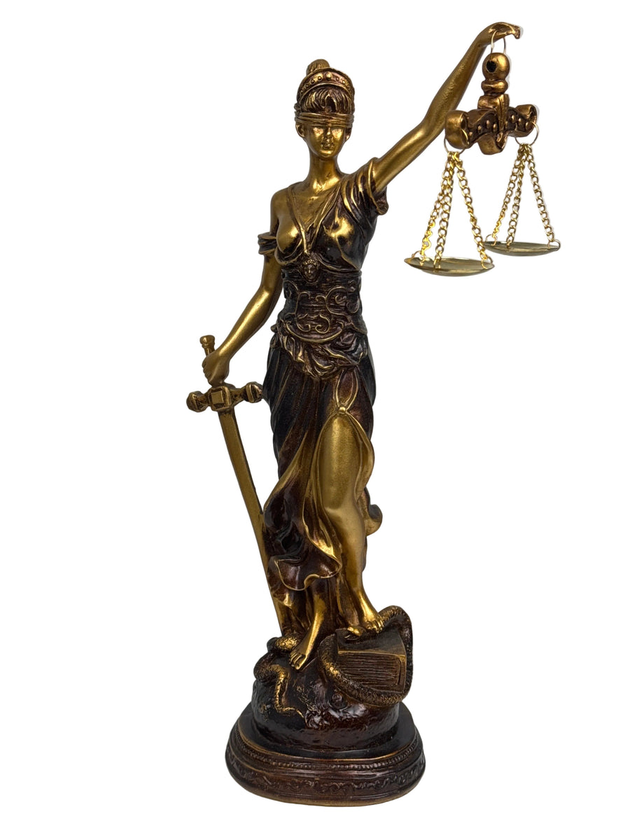 Justitia Skulptur – Symbol für Recht und Gerechtigkeit (Patinierte Bronzefigur)