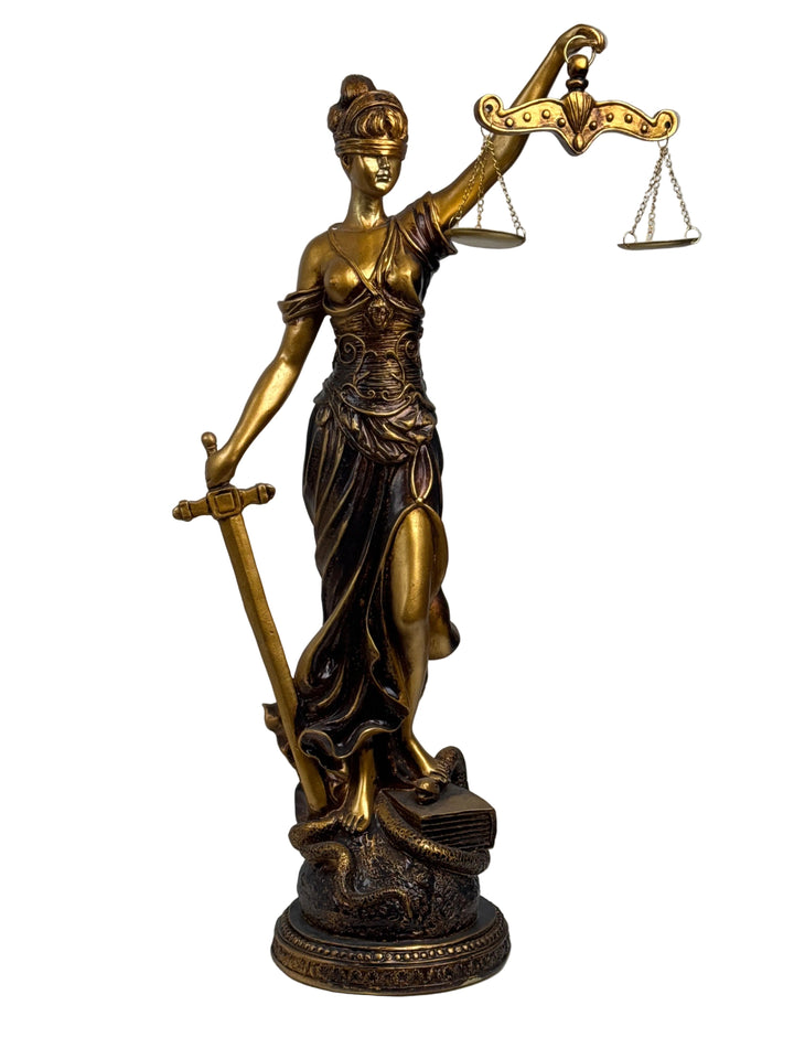 Justitia Skulptur – Symbol für Recht und Gerechtigkeit (Groß, Patinierte Bronzefigur)