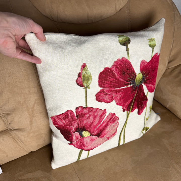 Weißer Kissenbezug mit roten Blumen – Mohnblumen (Jacquard gewebt)