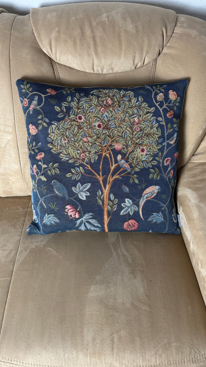 Blauer Kissenbezug – Baum mit Vögeln (Jacquard gewebt)