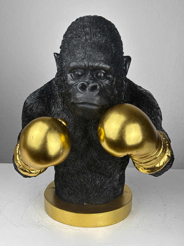 Boxender Gorilla Statue (Schwarz & Gold Pop Art Skulptur)