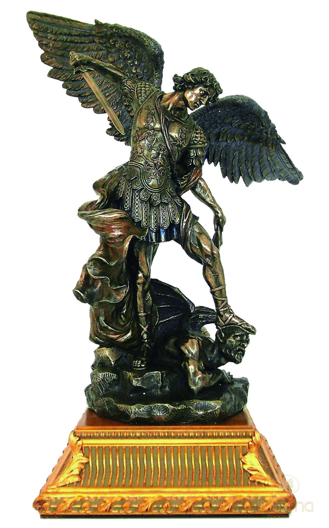 Heiliger Michael Statue mit goldenem Holzsockel (Gross, Bronzierte Skulptur aus Kunstharz)