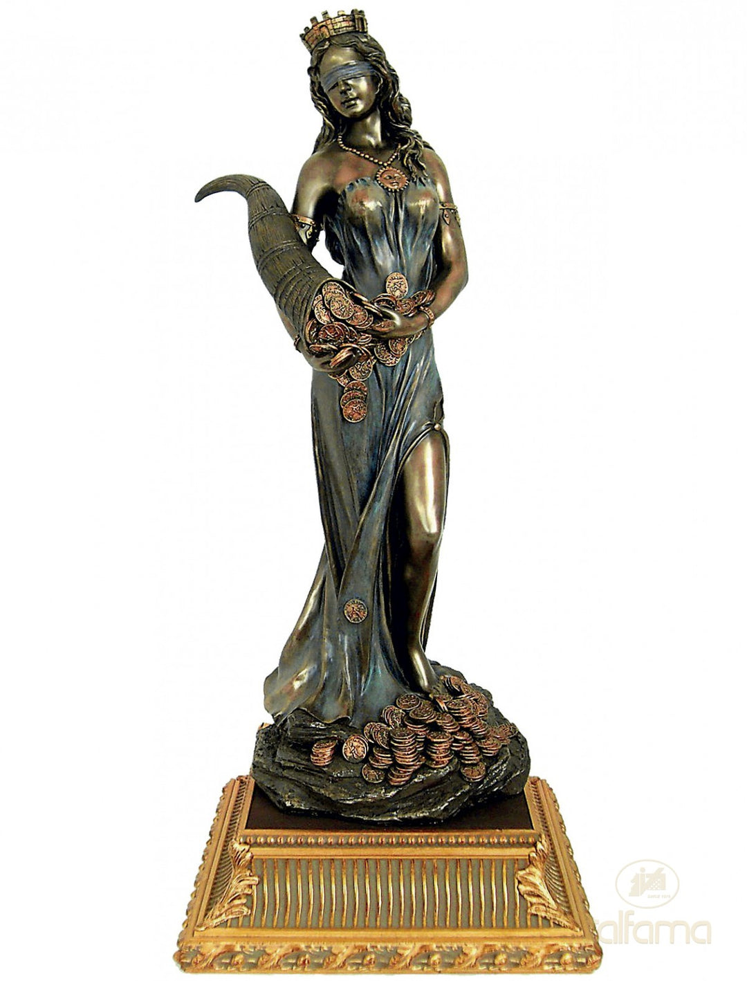 Fortuna Goettin des Gluecks Statue mit goldenem Holzsockel (Gross, Bronzierte Skulptur aus Kunstharz)