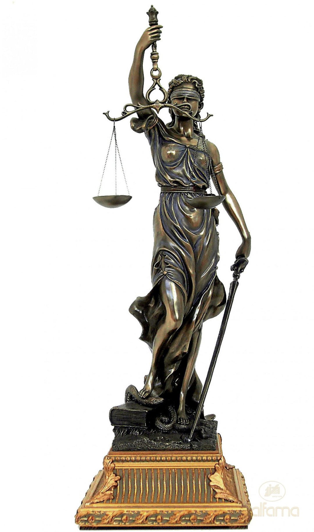 Justitia – Themis Skulptur mit goldenem Holzsockel (Gross, Bronzierte Skulptur aus Kunstharz)